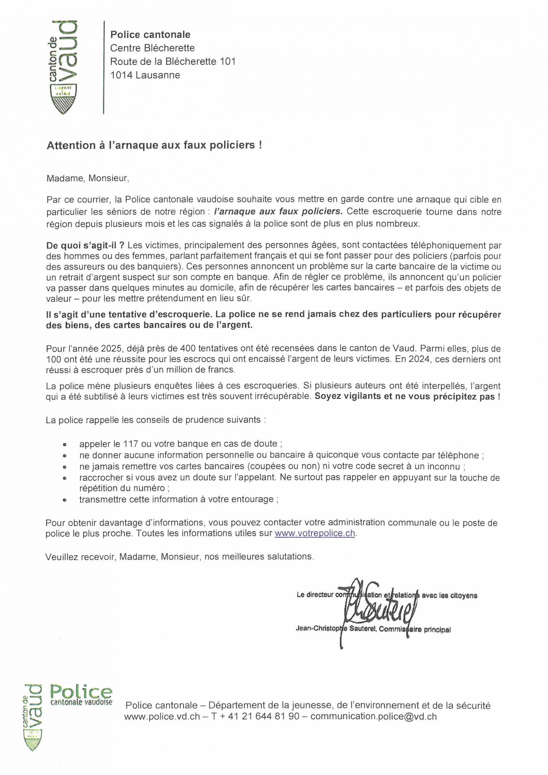 Police cantonale_Attention à l'arnaque aux faux policiers !